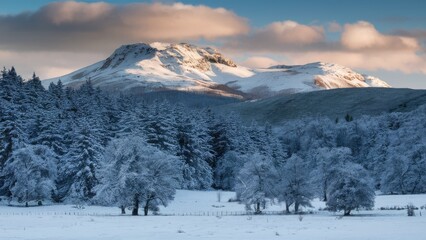 Fototapeta premium Winter landscape with snow-covered mountains in the background, frosted trees in shades of white and gray, and a serene blue sky with soft clouds.