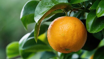 Vibrant orange orange fruit hanging from lush green leaves on a tree glistening with raindrops in soft natural light after a rainfall