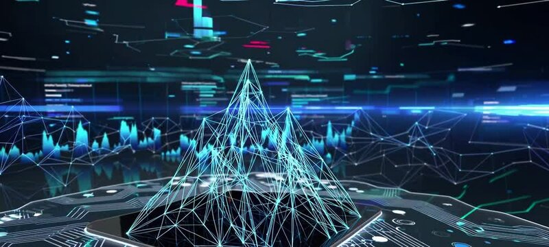 Futuristic digital data network with holographic visualizations and dynamic graphs