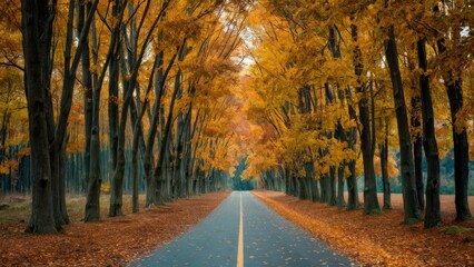 Fototapeta premium Autumn landscape featuring a central road lined with golden trees, surrounded by fallen leaves in warm hues of orange and yellow.