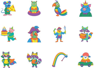 Twelve Adorable Cartoon Animals Celebrating a Birthday Party