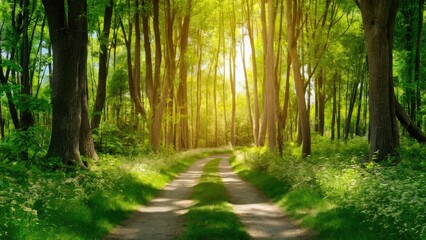 Obraz premium Lush green forest path illuminated by warm sunlight, surrounded by tall trees with vibrant foliage, inviting serene summer morning ambiance.