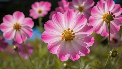 Vibrant pink cosmos flowers in full bloom with soft white edges positioned in foreground against a blurred green background showcasing summer beauty