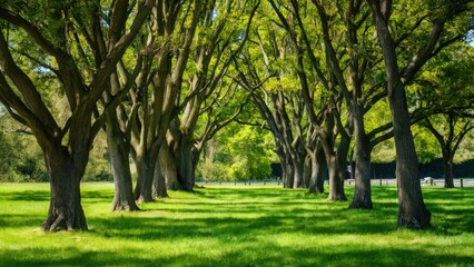 Naklejka premium Serene park scene featuring tall green trees with vibrant foliage lining a grassy pathway under bright sunlight creating a tranquil atmosphere.
