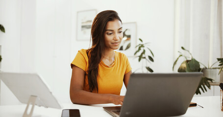 Remote work, thinking and laptop with woman typing in home office for research, email draft or...