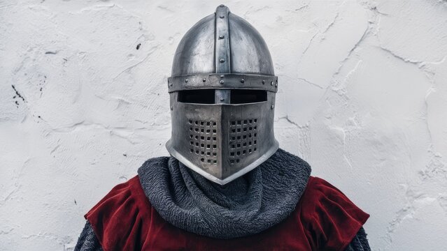 Medieval knight armet helmet styled like Maximilian showcased prominently against a textured white backdrop with a grey cloak and red garment below.