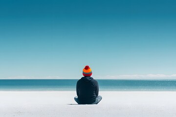 A man wearing a colorful hat sits on a white sandy beach, gazing at the blue ocean. This panoramic photo captures the beautiful seascape, with a clear sky and turquoise water