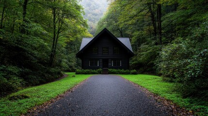 Fototapeta premium Secluded cabin nestled in misty forest; nature escape