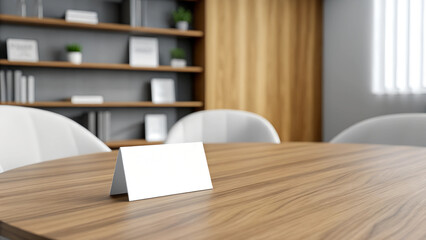 Blank table tent card mockup in modern conference room