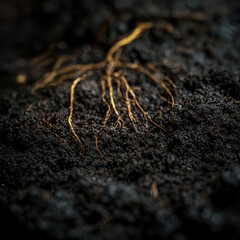 Close-up of plant roots in dark soil. Possible use Education, botany