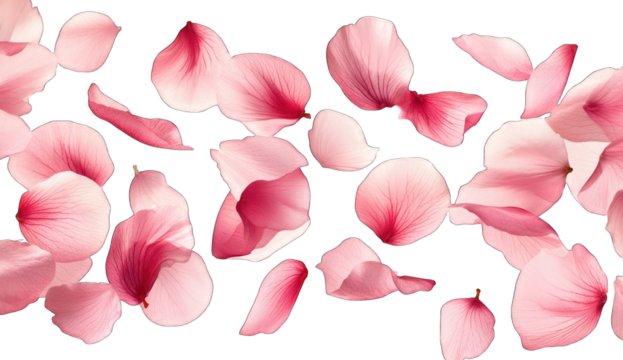 Pink flower petals floating in air, white background, vector illustration, simple lines, no shadows, high resolution, high quality, high detail, noise-free PNG format.