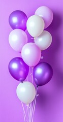 Cluster of Purple and White Balloons Against Bright Violet Background for Celebrations and Parties
