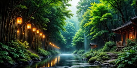 Rainy Bamboo Grove with Lanterns