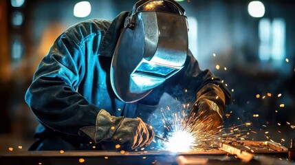 Welder wearing a protective mask working on metal with bright sparks flying in a dark industrial setting..
