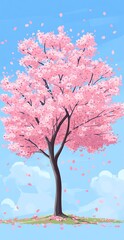 Blooming Cherry Blossom Tree With Pink Petals Against Bright Blue Sky And Green Grass Landscape