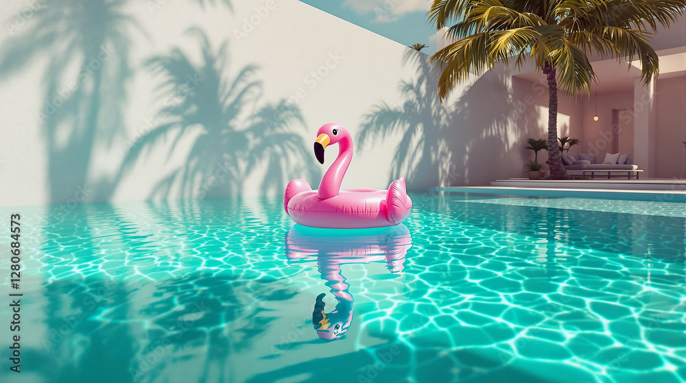 Poster a vibrant, sunlit poolside scene featuring a pink flamingo floating in the water, surrounded by lush