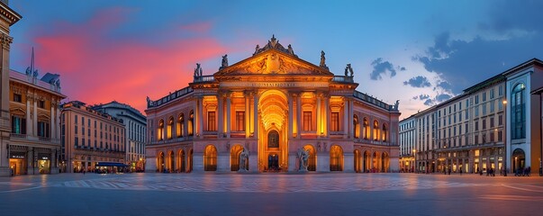 Fototapeta premium A wide view of Milan Stock Exchange at sunset, with the classical building lit up and creating a stunning contrast against the darkening sky