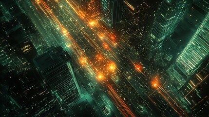 Obraz premium Futuristic Cityscape at Night with Glowing Traffic, Aerial view of a futuristic cityscape at night with glowing lights and busy traffic