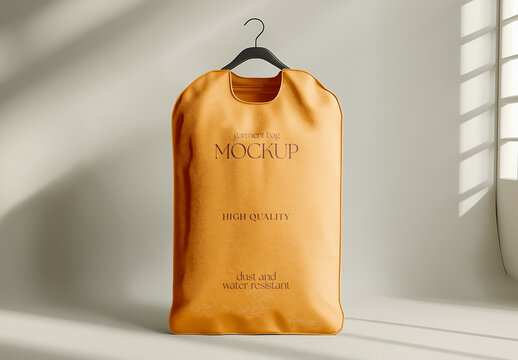 Premium garment bag mockup with a realistic hanging clothing cover case and pouch PSD, featuring a high-quality dust and water-resistant suit bag