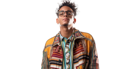 A Young Brazilian Man in a Stylish Outfit Standing on Transparent Background, PNG