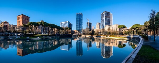 Naklejka na ściany i meble The modern architecture of Rome's Business District, with tall office buildings reflecting the clear blue sky
