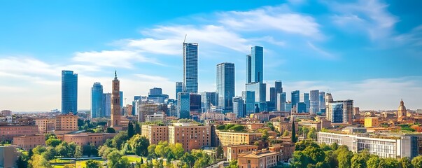 The skyline of Rome's Business District with high-rise buildings rising against a backdrop of a clear blue sky