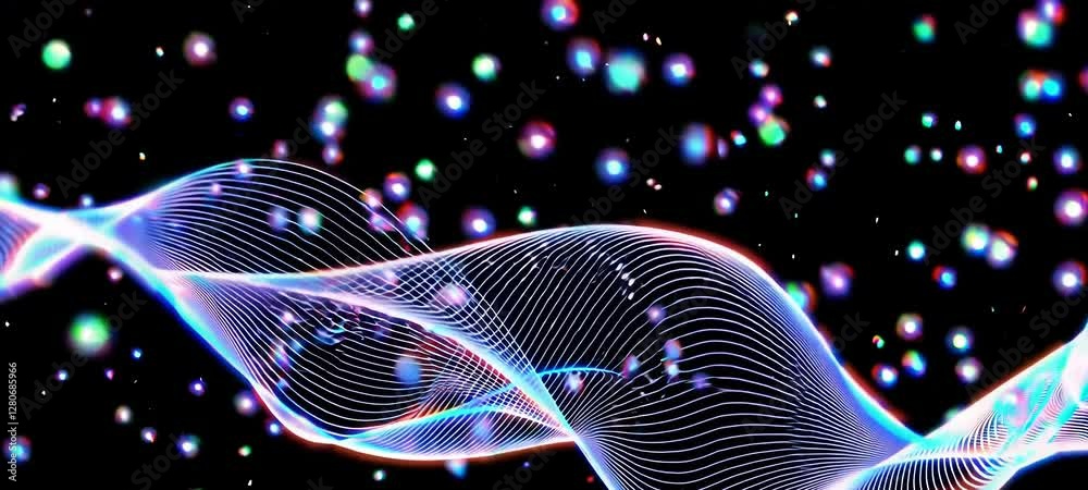 Poster vibrant light waves dancing with multicolored particles in dynamic motion