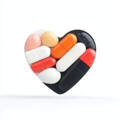 Heart-shaped arrangement of colorful pills and capsules representing health and wellness in modern healthcare