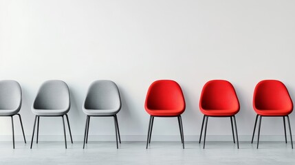 Obraz premium Colorful Chairs Against White Wall, Modern Minimalist Design, Red and Grey Seating