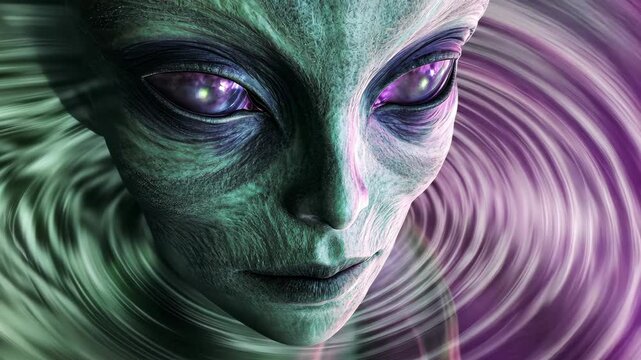 Alien releases psychic waves as ripples in a vibrant cosmic atmosphere, alien releasing psychic waves as ripples from the mind