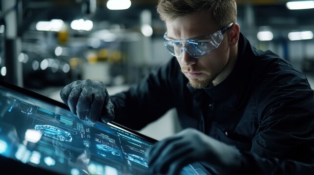 Factory worker calibrating car dashboard electronics in a modern automotive manufacturing facility..