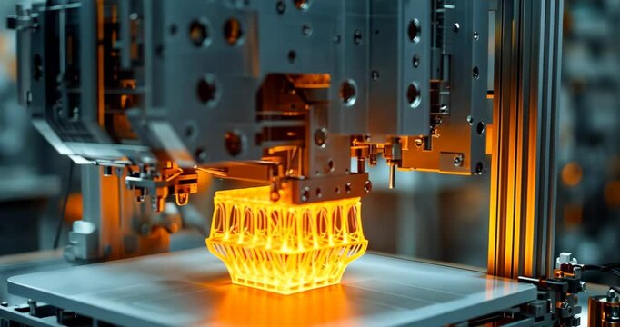 Close-up of a 3D printer creating an orange object in a factory setting.
