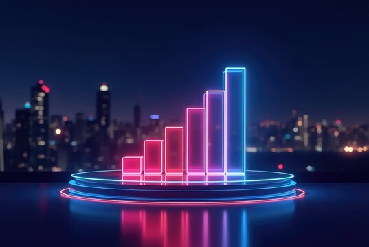 Neon 3D Pie Chart on Glass Platform with Night Skyline Background