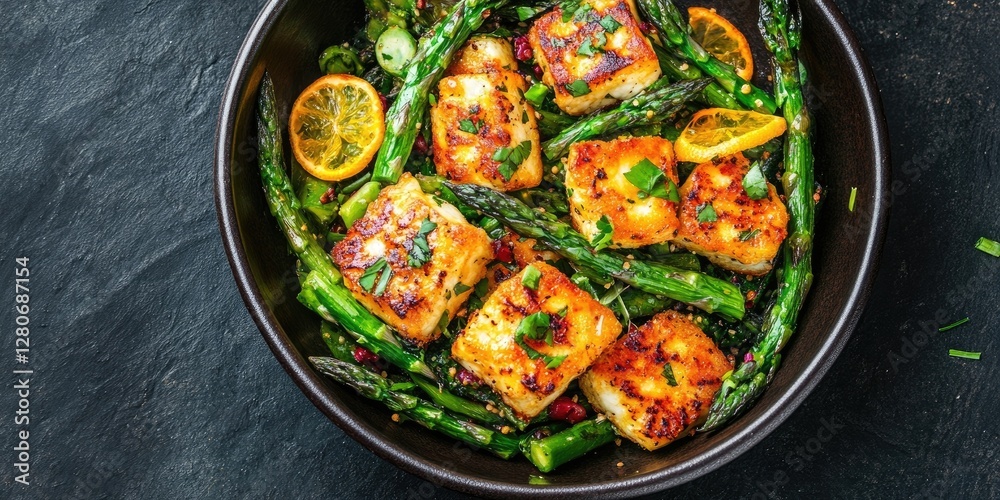 Poster grilled salmon fillets garnished with herbs and lemon surrounded by vibrant asparagus on a dark text