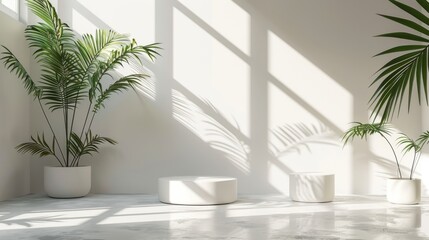Fototapeta premium Minimal white room, cylinder podium, subtle palm leaf shadows, abstract product display setup