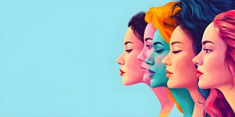 Obraz premium Vivid, multicolored illustration showcasing female profiles, representing diversity, individuality, and artistic expression. copy space light blue pastel background. women's international day concept