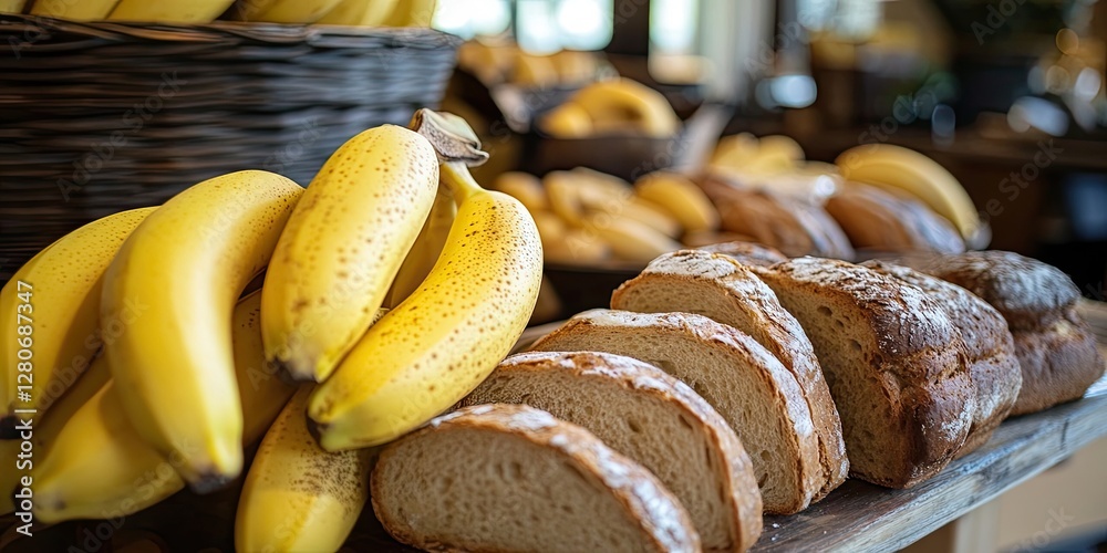 Aufkleber fresh yellow bananas stacked beside sliced artisanal bread on a rustic wooden table with a blurred b