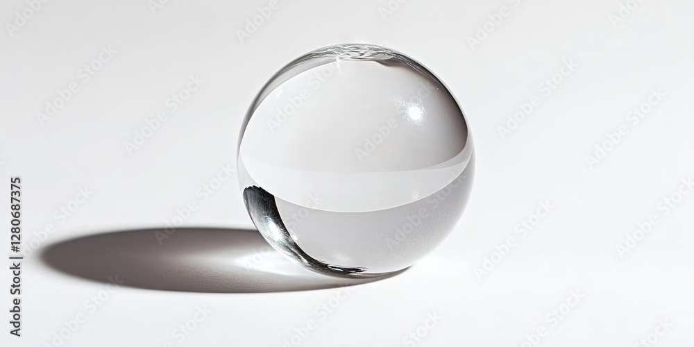 Leinwandbilder Clear glass sphere on a light grey background casting a subtle shadow on the surface below, creating a minimalist and elegant composition.