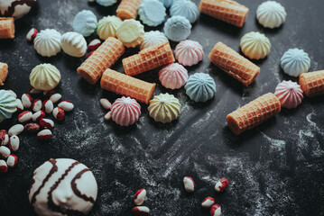 Colorful Marshmallows and Wafers on Dark Background