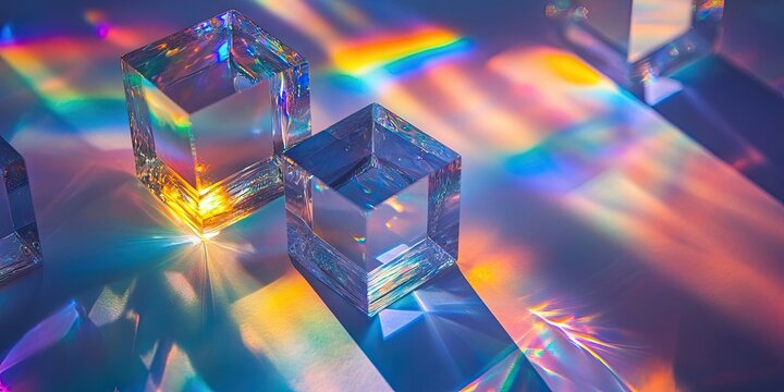 Colorful glass cubes casting vibrant rainbow reflections on a surface create a visually captivating pattern with blue, orange, and purple hues.