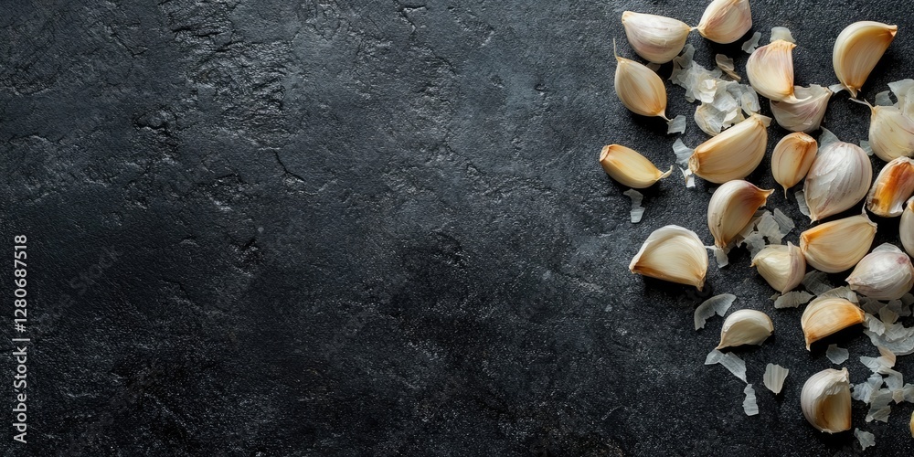 Poster garlic cloves scattered on a dark textured stone surface with a mix of chopped garlic pieces and a d