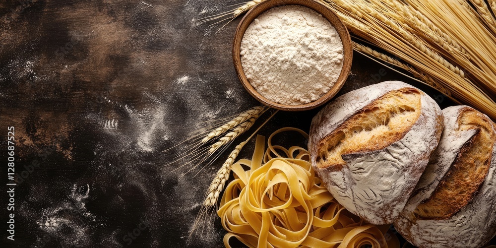 Poster homemade bread and pasta arranged beside a round bowl of flour and wheat ears on a dark textured woo