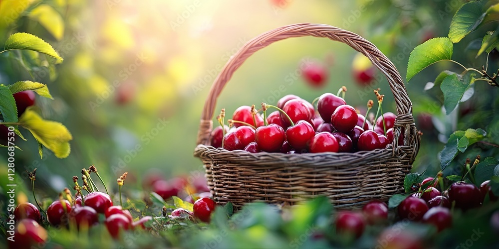 Poster Basket overflowing with ripe red cherries nestled in lush green foliage illuminated by soft sunlight creating a warm and inviting atmosphere