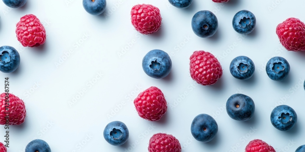Aufkleber Vibrant arrangement of fresh blueberries and raspberries scattered on a soft blue background emphasizing their colors and textures for a visually appealing display