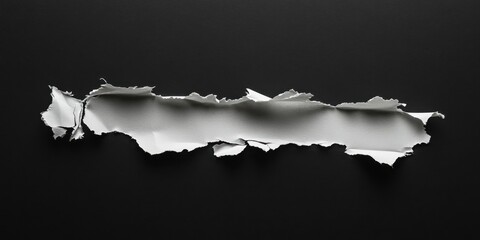 Ripped white paper fragment on a solid black background with uneven edges showcasing texture and shadows for a dramatic effect.