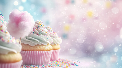 A cute and festive pastel scene with frosted cupcakes, colorful sprinkles, and fluffy cotton candy, set against a soft blurred background 
