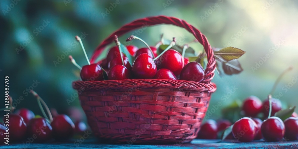 Poster Vibrant red cherries arranged in a woven red basket surrounded by scattered cherries on a rustic table with a soft green background.