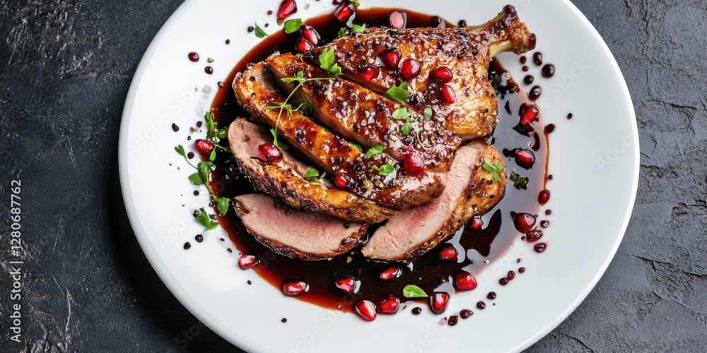 Poster succulent roasted duck breast garnished with vibrant pomegranate seeds on a white plate with rich sa