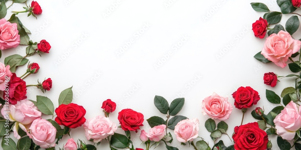 Poster colorful arrangement of red and pink roses with green leaves framing a white background creating a r