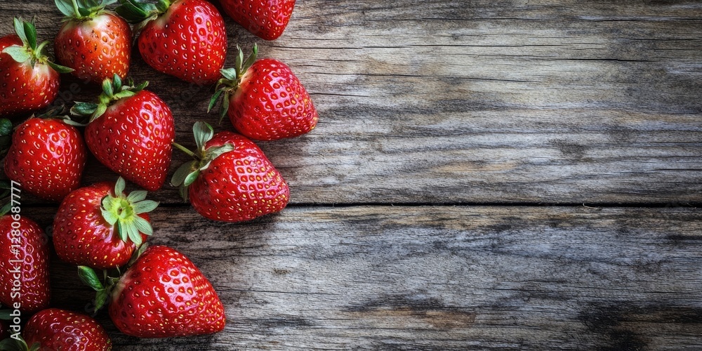 Poster fresh ripe strawberries scattered on a rustic wooden table with a dark textured background highlight
